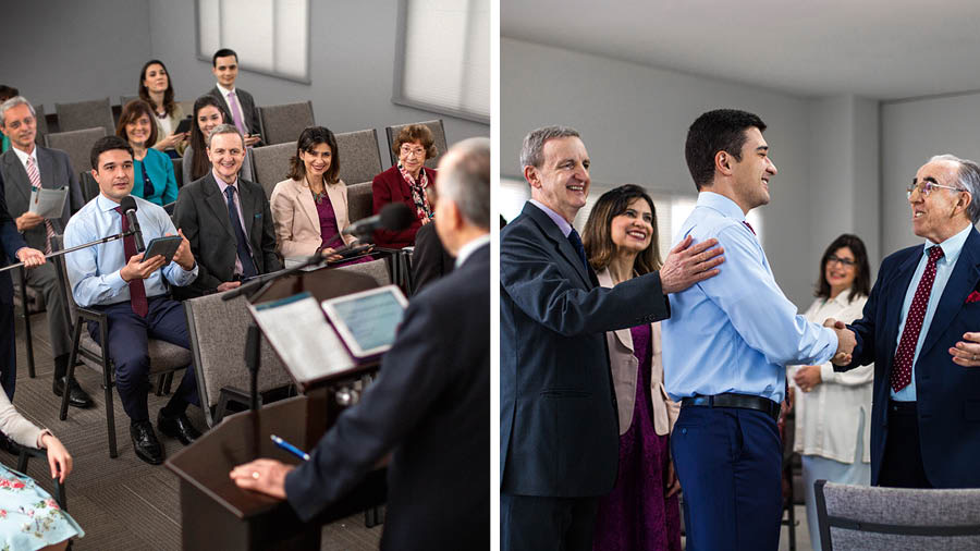 Ensemble d’illustrations : 1) L’étudiant donne un commentaire pendant l’étude de « La Tour de Garde ». 2) Le conducteur de l’étude de « La Tour de Garde » félicite l’étudiant après la réunion.