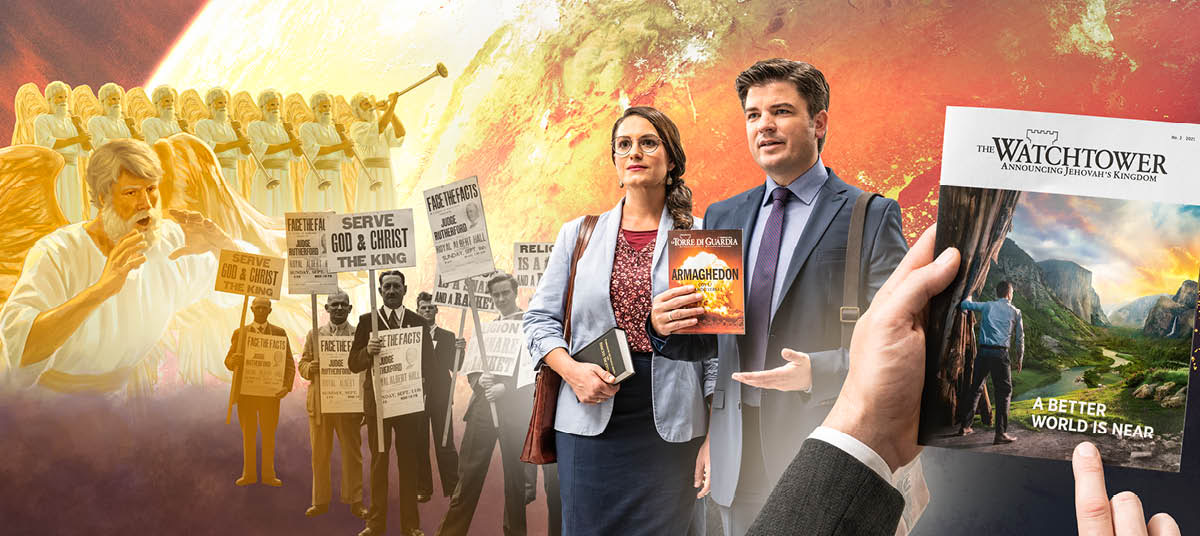Un ange annonce une bonne nouvelle aux habitants de la terre ; en arrière-plan se trouvent sept autres anges, dont l’un sonne de la trompette. Ensemble d’illustrations : 1) Des frères tiennent des pancartes et portent sur eux des affiches. Sur certaines d’entre elles on peut lire : « La religion est un piège et une escroquerie » ou « Servez Dieu et Christ, le Roi ». 2) Un couple qui prêche propose « La Tour de Garde » du 1er février 2012, qui parle d’Armaguédon. 3) Un homme a en mains un exemplaire de « La Tour de Garde » no 2 de 2021 qui a pour titre « Un monde meilleur est proche ».