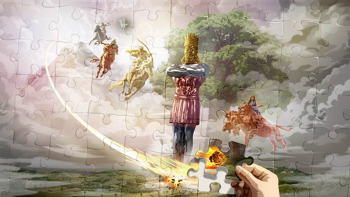 Quelqu’un pose la dernière pièce d’un puzzle. Sur cette pièce figure une pierre qui vient de frapper une statue géante en métal. Le puzzle illustre plusieurs prophéties contenues dans les livres de Daniel et de la Révélation. 1) Une pierre s’est détachée d’une montagne et vient frapper à grande vitesse les pieds d’une statue géante en métal. 2) Un arbre immense. 3) Quatre chevaux au galop et leurs cavaliers. 4) Une prostituée est assise sur une bête sauvage de couleur écarlate.