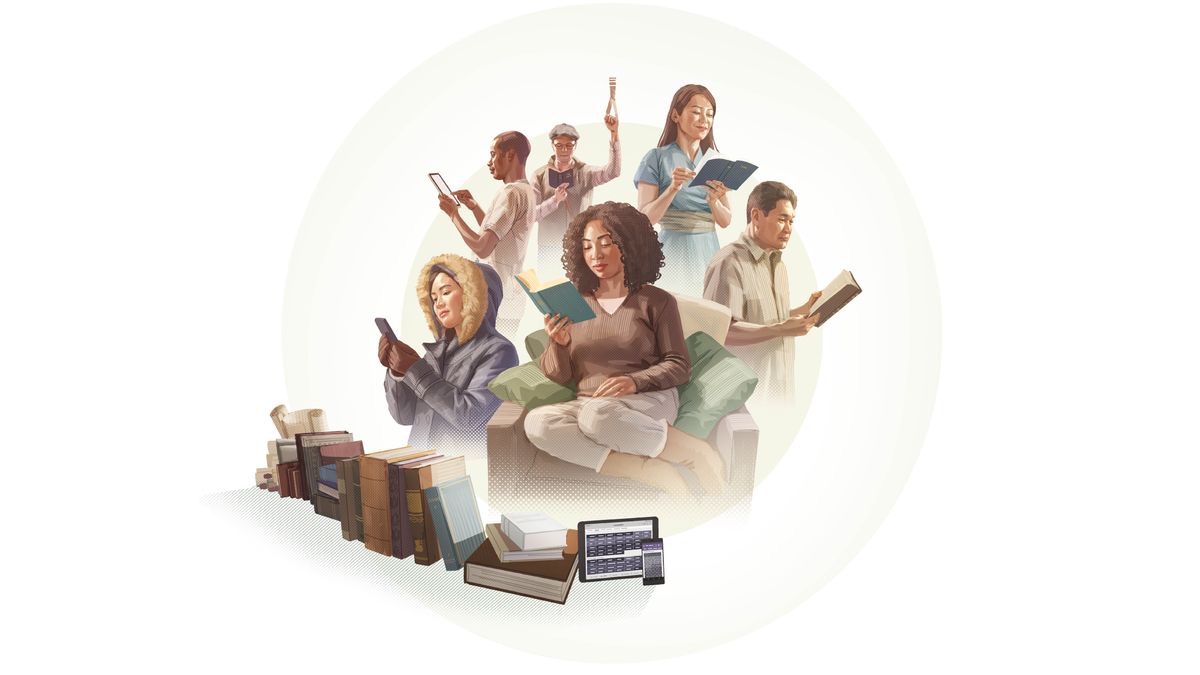 Ensemble d’illustrations: 1. La Bible sous des formes manuscrites ou imprimées, comme des rouleaux, des codex et des livres reliés, et sous forme numérique, consultable sur des appareils électroniques. 2. Des gens d’origines culturelles et raciales diverses se trouvant dans différents endroits comme leur domicile, leur lieu de travail ou un transport public lisent la Bible qu’ils possèdent soit sous forme imprimée, soit sous forme numérique.