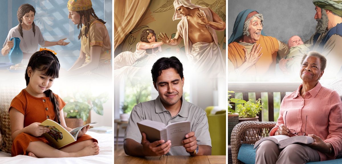 Ensemble d’illustrations : 1. Une petite fille lit le livre « J’apprends en lisant la Bible » et médite sur l’histoire de la petite fille israélite qui parle à sa maîtresse. 2. Un jeune frère lit la Bible et médite sur l’histoire de Joseph qui fuit la femme de Putiphar. 3. Une sœur âgée lit la Bible et médite sur l’histoire de la prophétesse Anne qui voit Jésus nouveau-né.