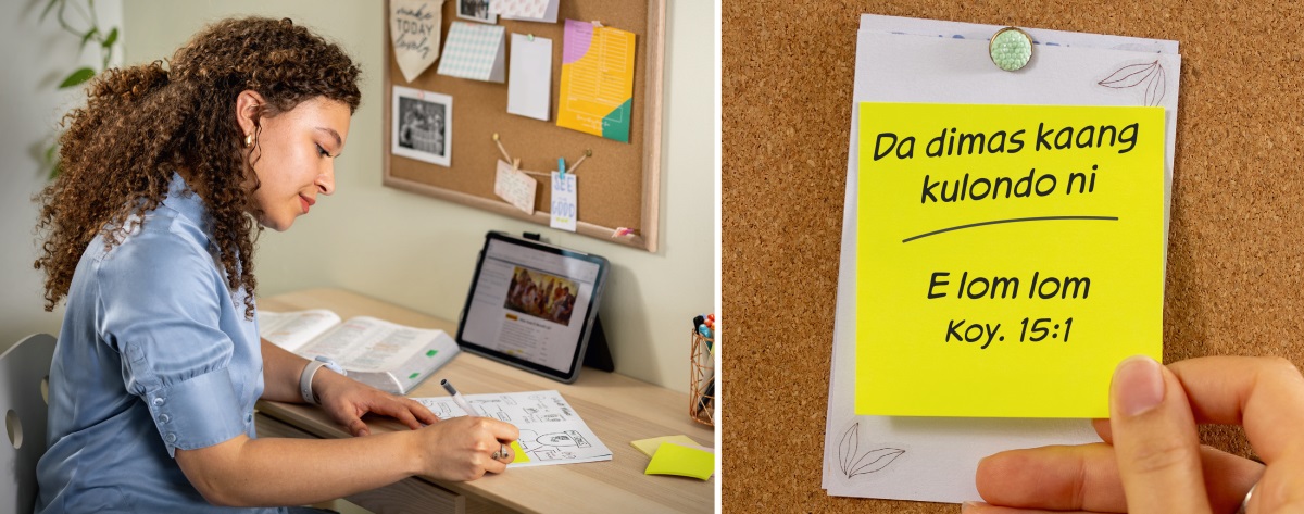 Poto kinye go ge dawge sí : 1. Timdinga tong je kijiri kanya kur go je kunjili kanya na kando. 2. Je kijiri kanya da kahiye koro kulendiy ni. Kanya kijireng yaa na : « Da dimas kaang kulondo ni, e lom lom, Kolo yóro 15:1. »