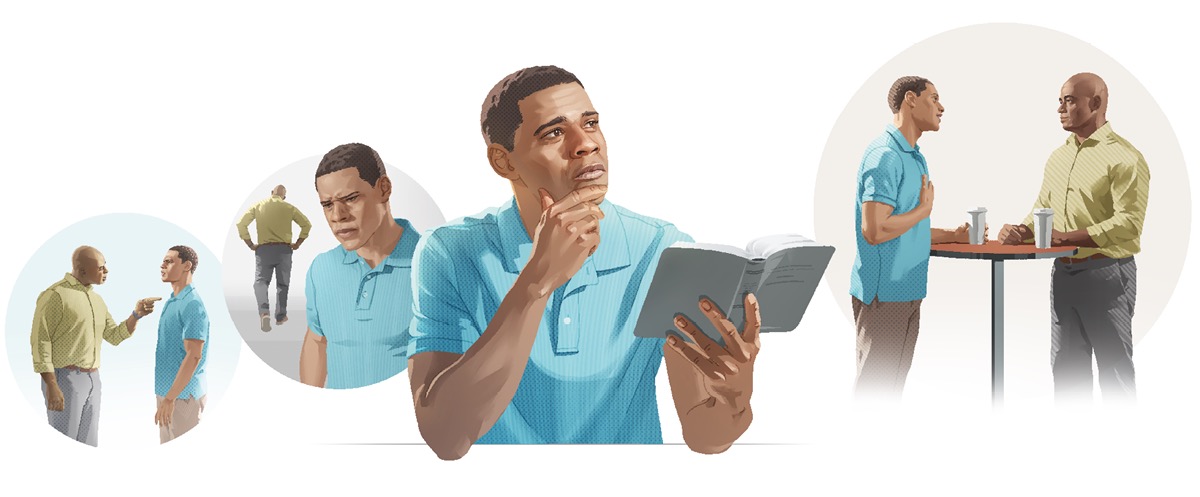 Bililingi: Ndeko mobali azali kozongisa kimya. 1. Ndeko mobali mosusu azali kolobela ye mabe. 2. Azali kokanisa makambo oyo ndeko mobali yango ayebisaki ye. 3. Azali kotalela vɛrsɛ oyo emonisi makambo ya kosala ntango moto azokisi ye. 4. Azali komɛla kafe na ndeko oyo azokisaki ye mpe azongisi kimya.