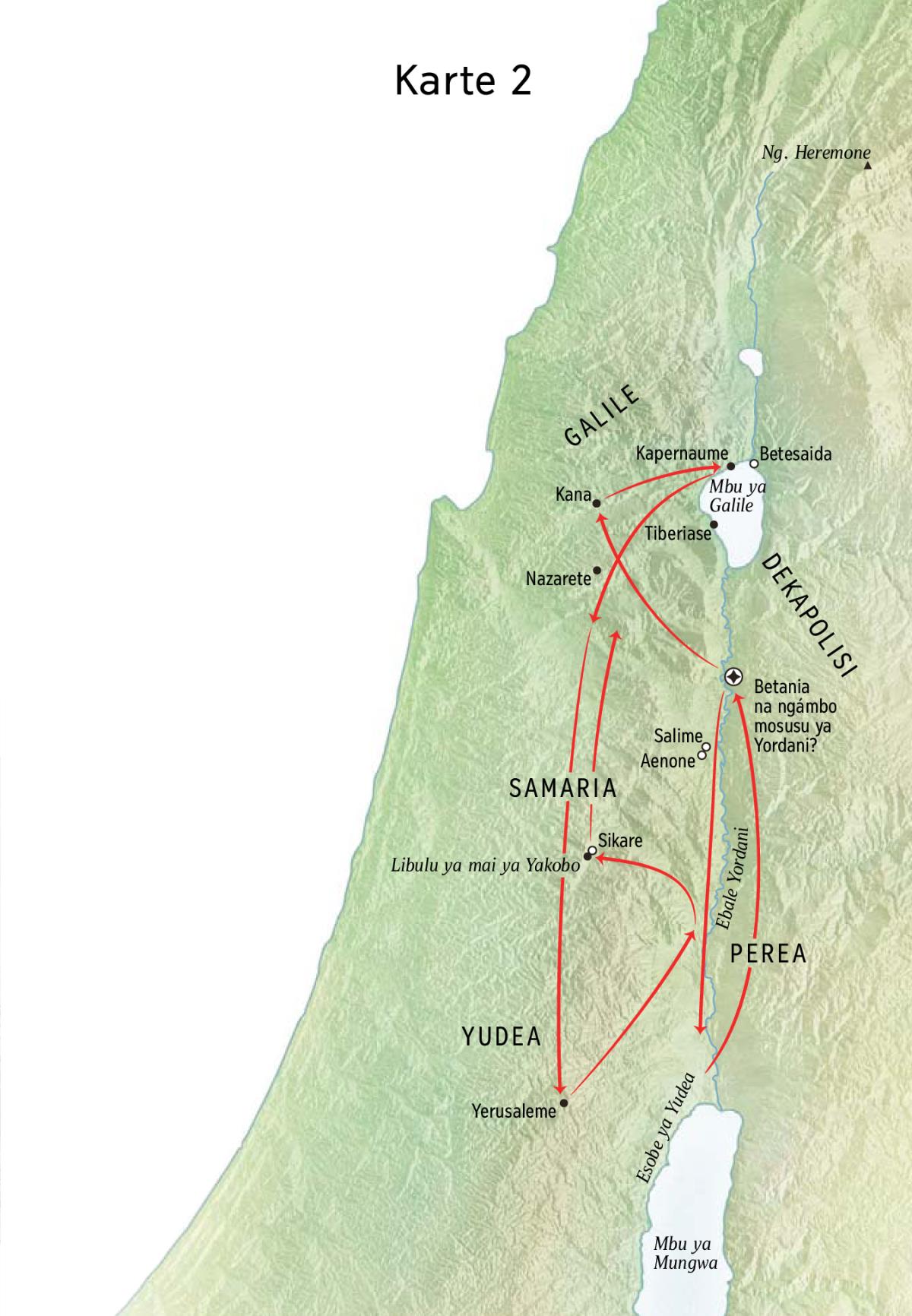 Karte oyo ezali kolakisa bisika oyo Yesu azalaki, mpe Ebale Yordani mpe Yudea