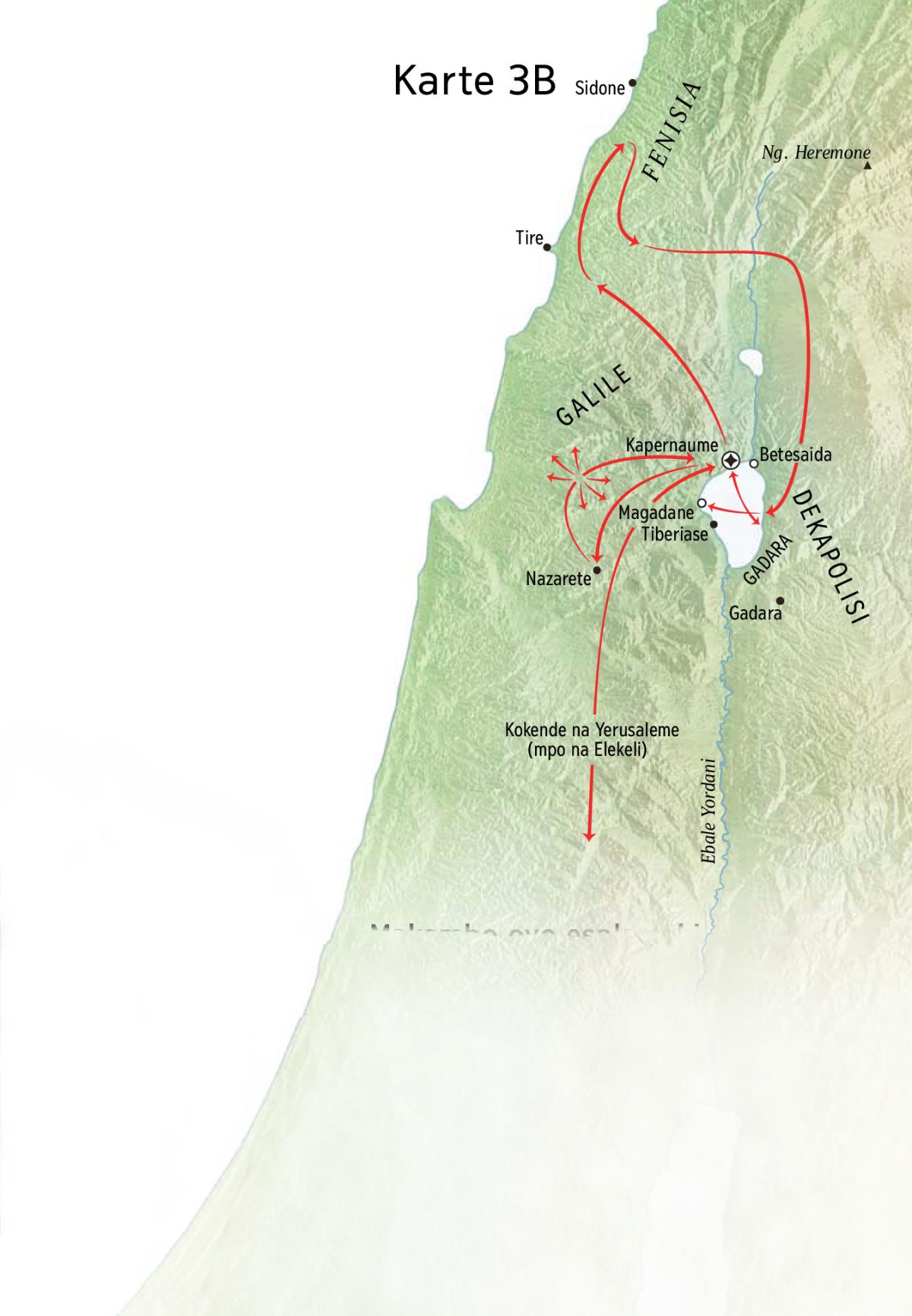 Karte oyo ezali kolakisa bisika oyo Yesu asakolaki zingazinga ya Galile, Fenisia, mpe Dekapolisi