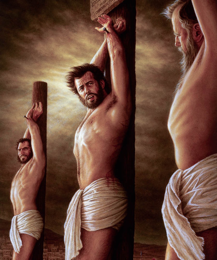 Jesus hangs on a torture stake between two criminals