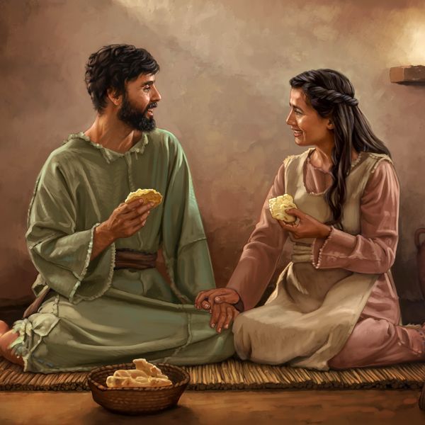 En una casa modesta de tiempos bíblicos, un matrimonio israelita sonriente disfruta de una comida sencilla, un pedazo de pan.