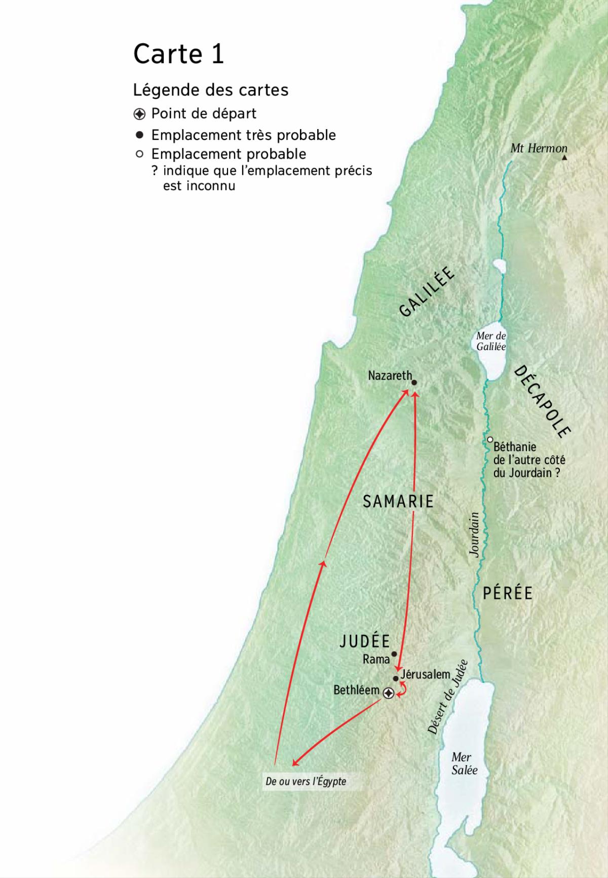 Map of locations related to Jesus’ life: Bethlehem, Nazareth, Jerusalem