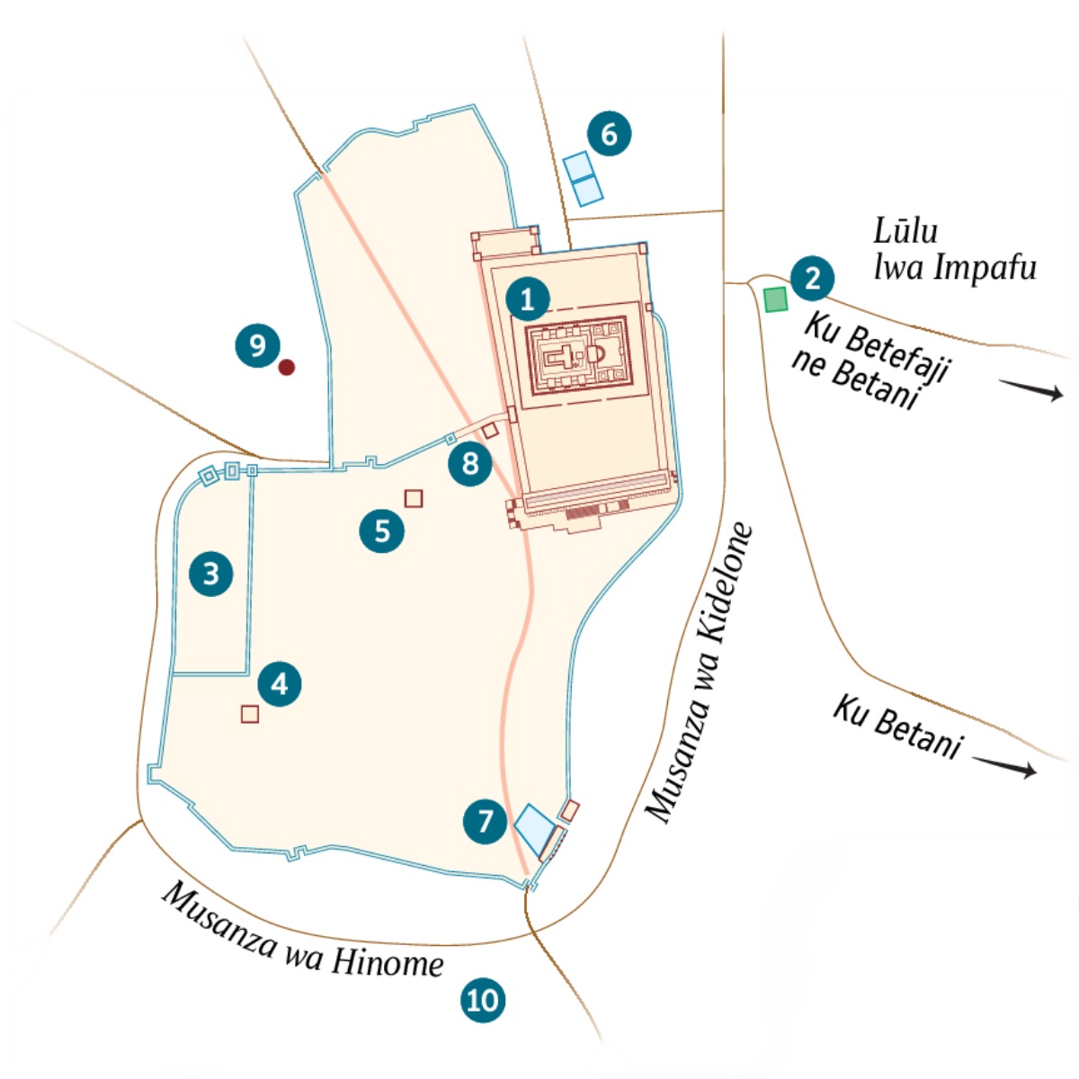 Kalata ka kibundi kya Yelusalema ne bifuko bikijokolokele. Mulōngo wa bifuko bya bine ne bibwanya kwikala bya bine. 1. Tempelo. 2. Budimi bwa Ngesemani. 3. Njibo Mikatakata ya Mbikavu. 4. Njibo ya Kaifasa. 5. Njibo Mikatakata yādi’mo Heloda Antipasa. 6. Kijiba kya Betesaida. 7. Kijiba kya Sailoma. 8. Mu Sanedini. 9. Ngolongota. 10. Akedama.