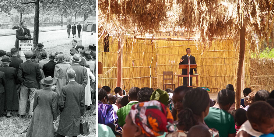 1. Bantemu ba Yehowa benzela bisangilu pambelu mu Londres mu 1945; 2. Bantemu ba Yehowa ba mu Malawi mu mpungilu