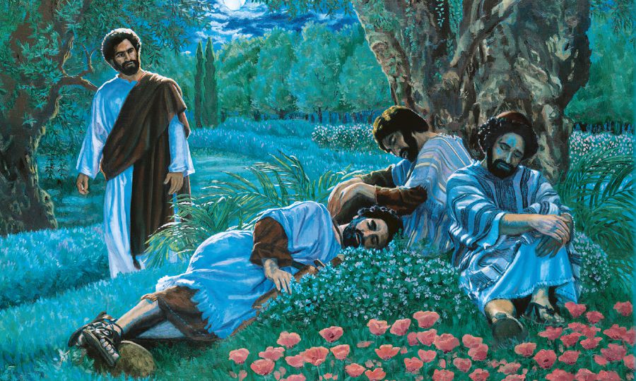 Yezu usangana Petelo, Yakobo, ne Yone balale mu budimi bua Getesemane