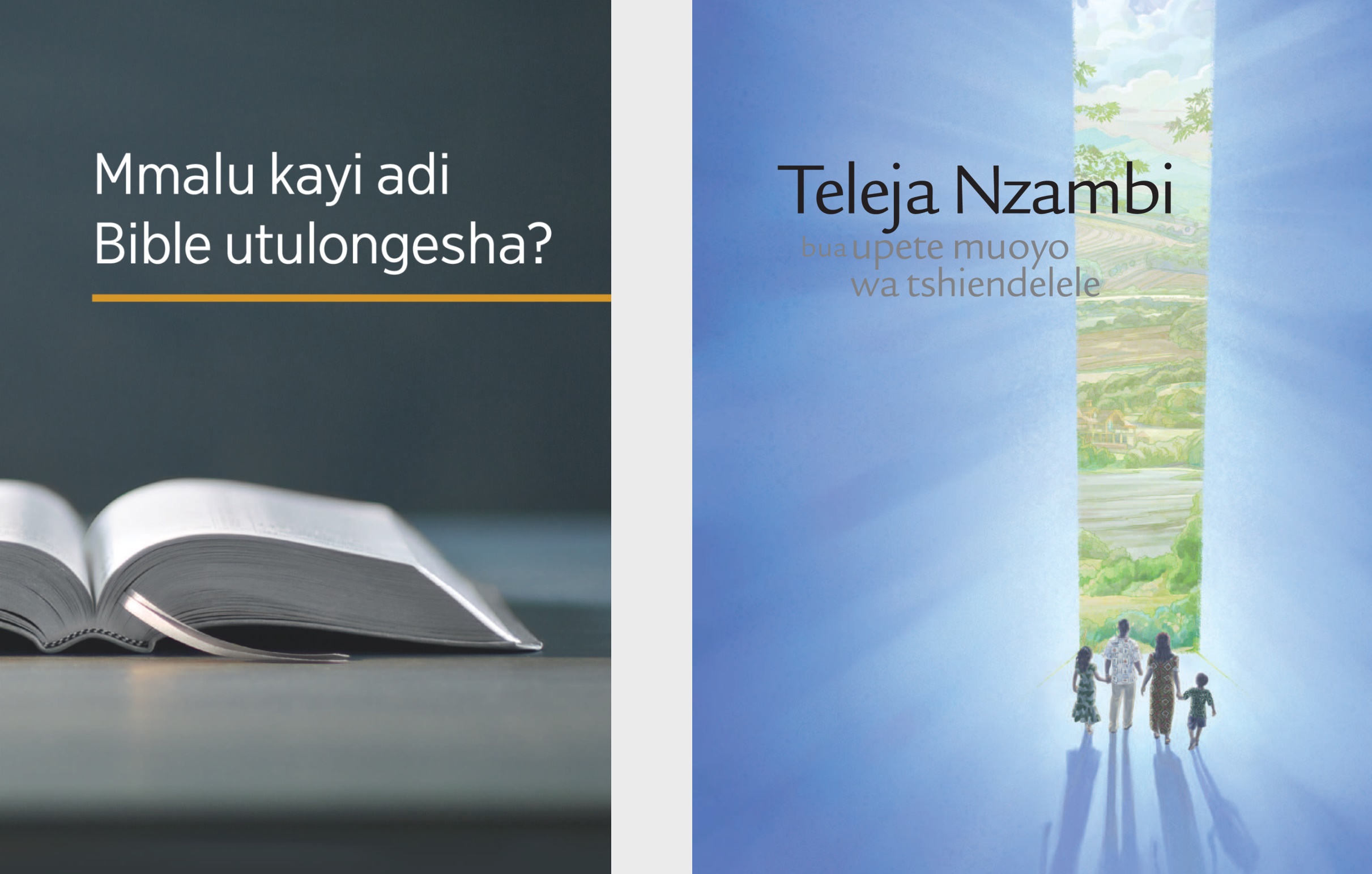 Mukanda wa ‘Mmalu kayi adi Bible utulongesha?’ ne broshire wa ‘Teleja Nzambi bua upete muoyo wa tshiendelele.’