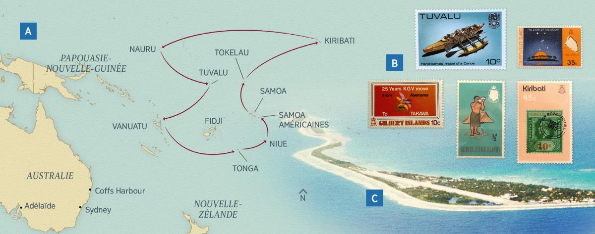 Karte ka miaba ivua muanetu Payne ne mukajende bapitshile mu mudimu wa butangidi bua tshijengu; tembre ya ku poste ya mu bimue bidiila; tshidiila tshia Funafuti mu ditunga dia Tuvalu