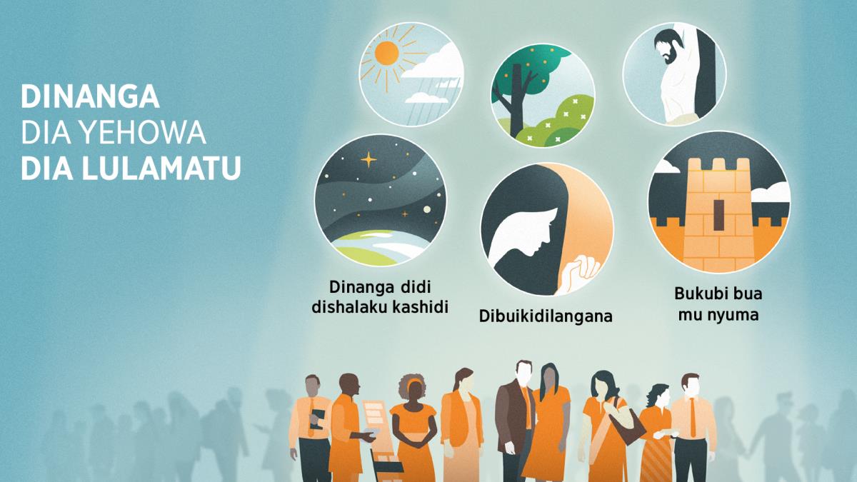 Batendeledi ba Yehowa basunguluja munkatshi mua bantu ba pa buloba. Foto milamakaja: Mushindu udi Yehowa uleja dinanga diende dia lulamatu. 1. Dinanga didi dishalaku kashidi difuanyikija ne buloba budi bunyunguluka kudi mitoto muulu. 2. Dibuikidilangana difuanyikija ne muanetu wa bakaji usambila. 3. Bukubi bua mu nyuma bufuanyikija ne tshimanu tshia tshimenga tshikolesha. Panyima pabi mbaleje mudi Yehowa uleja dinanga diende kudi bantu bonso. 4. Munya ne mvula. 5. Bilongo, bikunyibua, ne mitshi. 6. Tshia kupikulangana natshi.