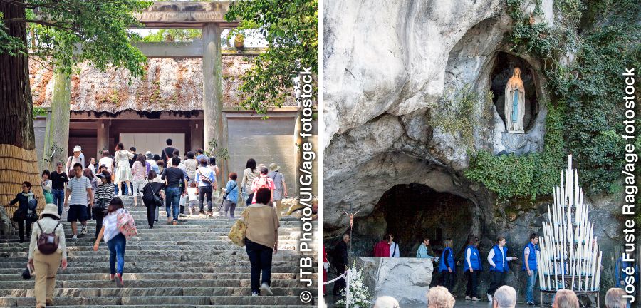 Benyi mu muaba munene wa tshijila wa Ise, Japon ne mu Grotto de Massabielle, Lourdes, France