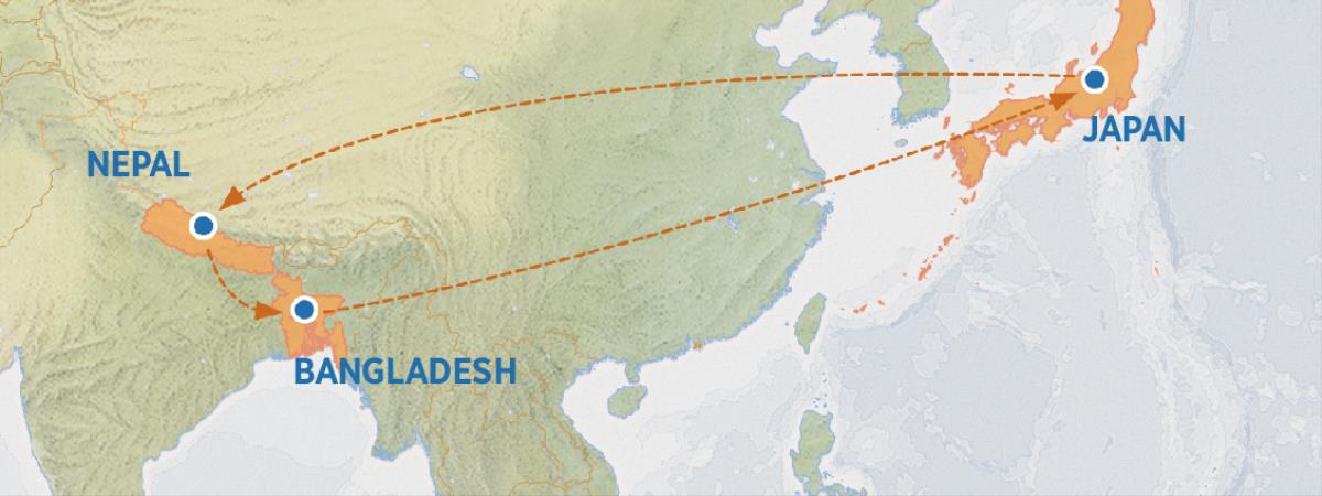 Mapu yinakumwekesha chendeluwu kufuma muJapan kuya kuNepal, Bangladesh, nakufunta cheñi kuJapan