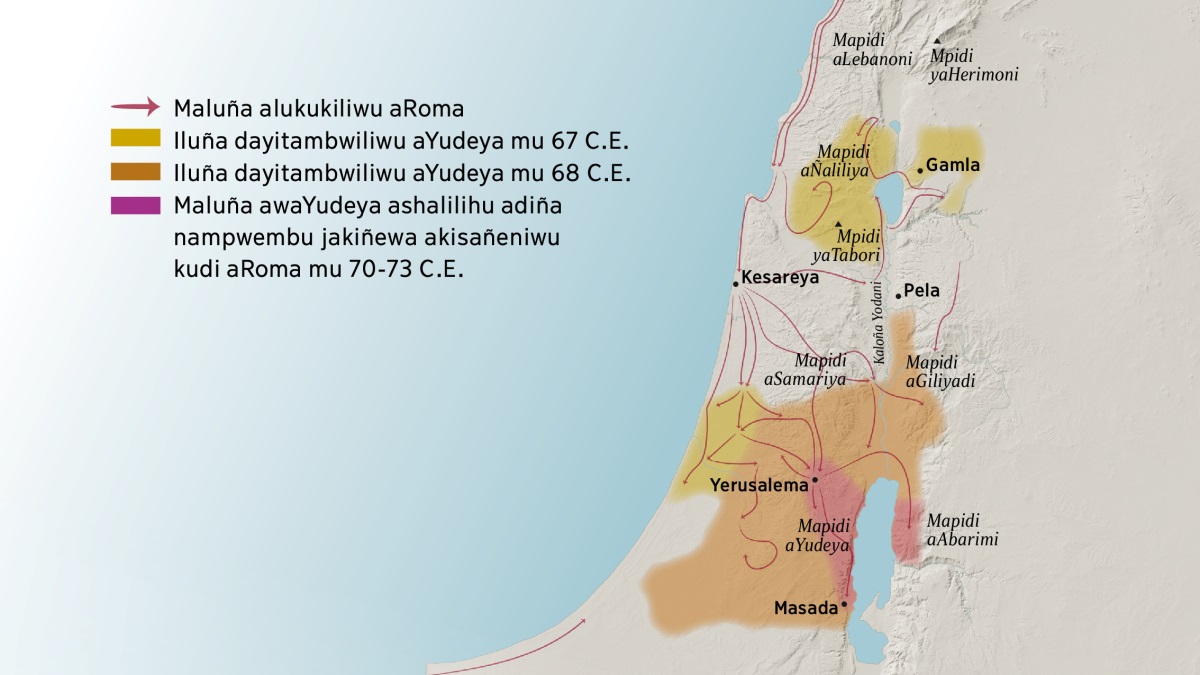 Mapu yinakumwekesha mpidi jimu ninyisumba yamuIsarela munkulakaji yakusambila. Kukabeta kakuchimunswa chaYerusalema kudi mapidi aLebanoni, aÑaliliya, aSamariya, niaGiliyadi, kushilahu niMpidi yaHerimoni niMpidi yaTabori. Nyisumba yidi kukabeta kakuchimunswa chaYerusalema hiGamla, Kesareya, niPela. Kukabeta kakuchidiilu chaYerusalema kudi mapidi aYudeya and Abarimi, kushilahu nimusumba waMasada. Mapu yinakumwekesha cheñi njila jazatishiliwu aRoma hakuya nakulukuka nimaluña ayitambwiliwu aYudeya kufuma mu 67 C.E. kushika mu 73 C.E.