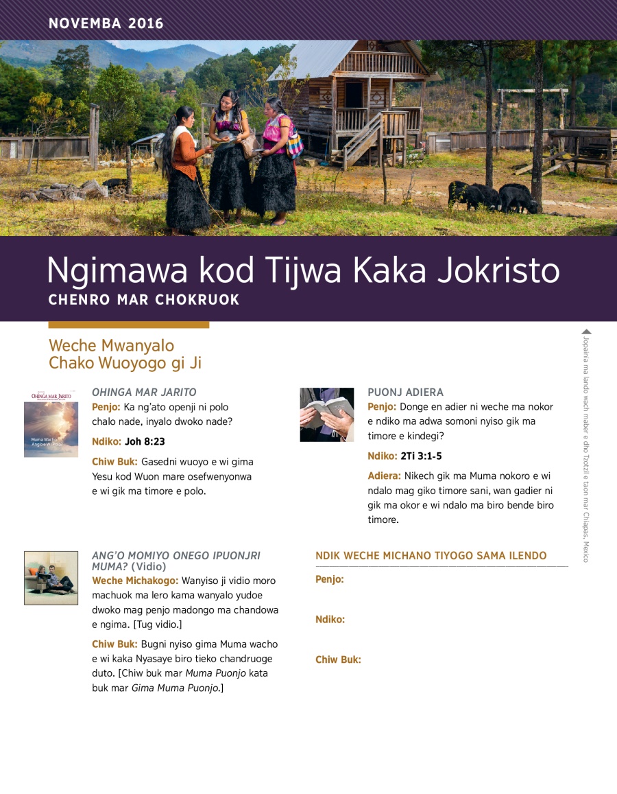 Ngimawa kod Tijwa Kaka Jokristo​—⁠Chenro mar Chokruok, Novemba 2016