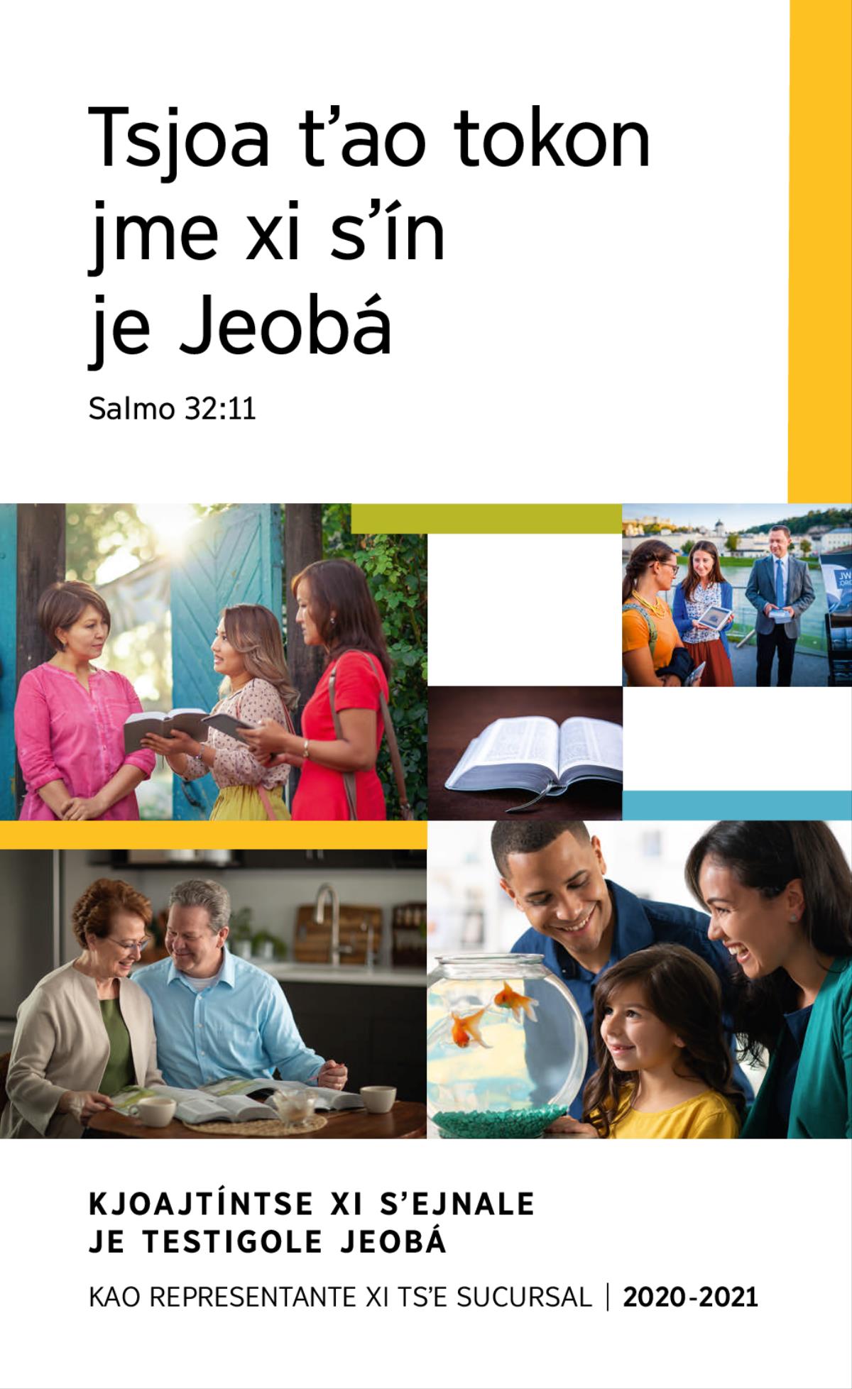 Sén: 1. Jngo familia xi tsjoa tjíole nga tjíokotsenle je jti. 2. Jao testigole Jeobá xi jngo texto tjíobakóyale jngo chjoón ya ndʼiale. 3. Jngo chjoón kao xʼinle tjíokotʼaya je xo̱n xi Énle Niná yʼangini. 4. Jngo Biblia. 5. Je testigole Jeobá jngo video tjíobakóle jngo chjoón ya yandiaa.