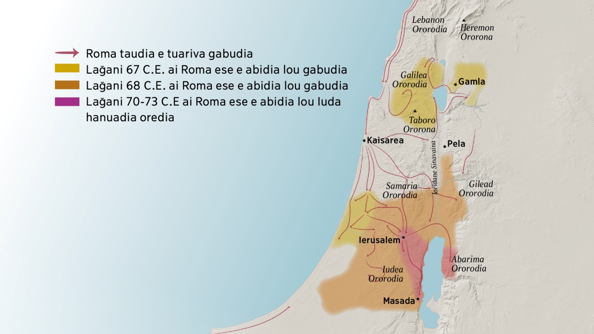 Mapu lalonai Keristani taudia edia negai Israel ororodia bona hanuadia e hedinarai. Ierusalem ena not kahana ai na Lebanon ororodia, Galilea, Samaria, Gilead, Heremon Ororona bona Taboro Ororona. Ierusalem ena not kahana hanuadia na Gamla, Kaisarea bona Pela. Ierusalem ena saut kahana ai na Iuda bona Abarima ororodia, bona Masada hanuana. Danu mapu ai Roma taudia e tuariva gabudia bona laḡani 67 C.E. ela 73 C.E. Roma ese e abidia lou gabudia e hedinarai