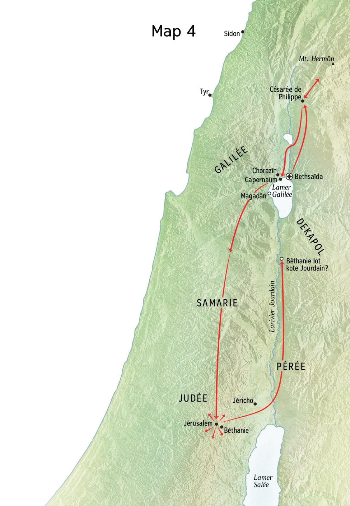 Map lor Jésus so minister dan Judée inplik Jérusalem, Béthanie, Bethsaïda, Césarée de Philippes