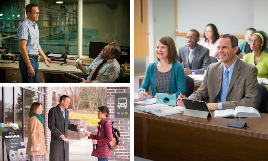 Enn frer pe koz avek so patron; enn koup pe rann temwaniaz dan bann plas piblik ek pe asiste Lekol pou bann Evanzelizater Rwayom Bondie