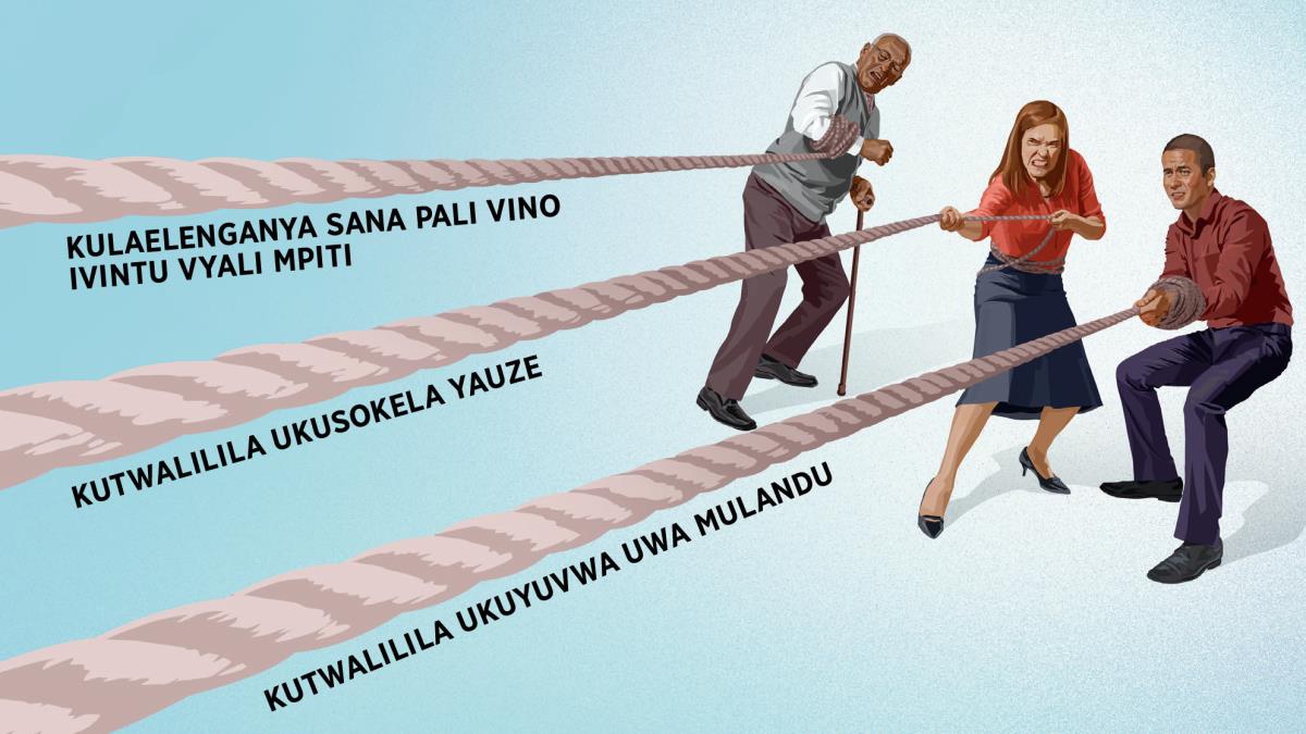 Mwina uwacikalamba, nkazi, nu mwina uwacance yonsi yakutinta intambo izipusanepusane. Pa ntambo zii palemvilwe ‘kulaelenganya sana pali vino ivintu vyali mpiti,’ ‘kutwalilila ukusokela yauze,’ nu ‘kutwalilila ukuyuvwa uwa mulandu’.