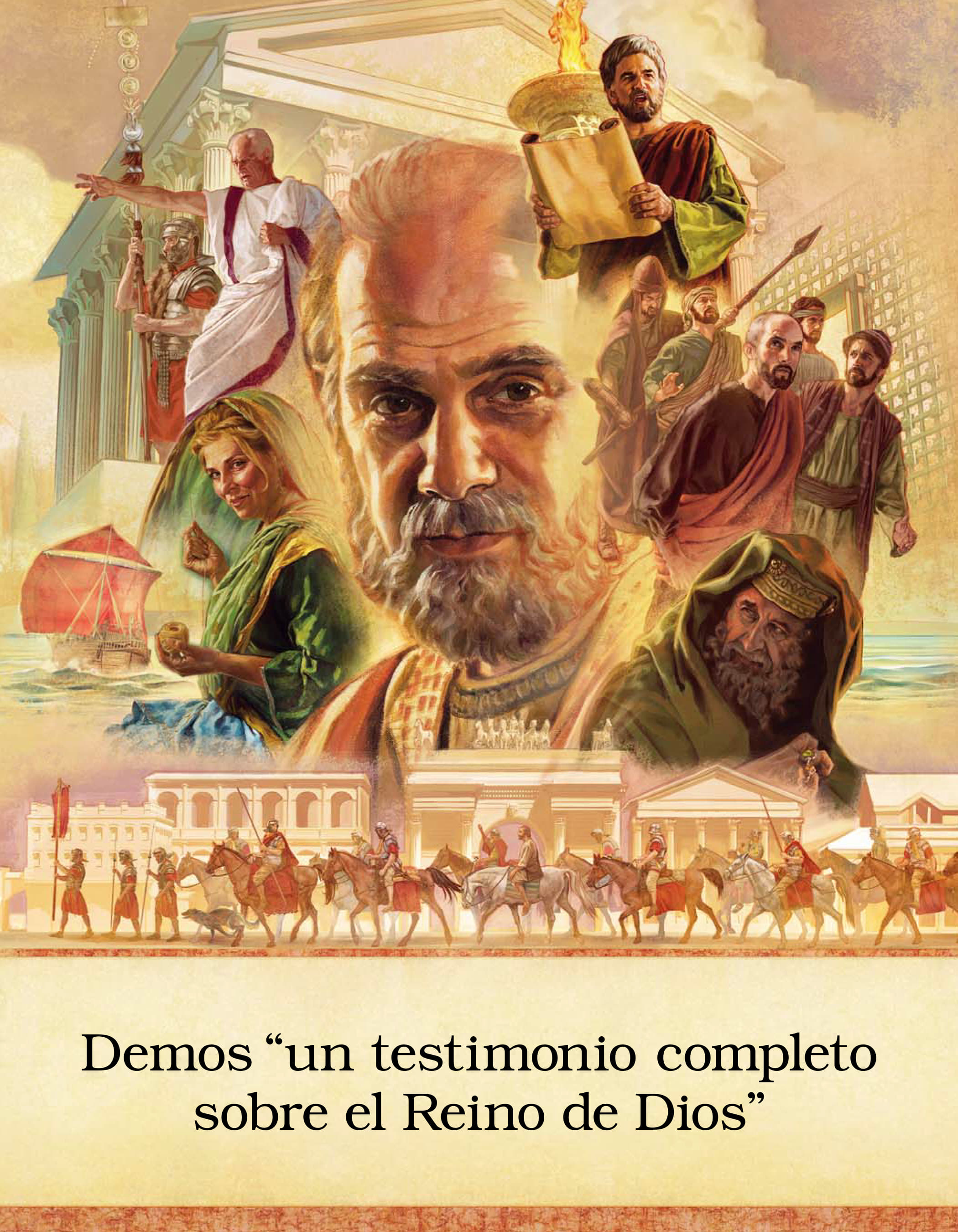 Imágenes de personajes y escenarios del libro de Hechos. 1. El apóstol Pablo. 2. Tabita cosiendo ropa. 3. Barco mercante romano. 4. Galión hablando muy enojado. Está de pie junto a un soldado romano. 5. Un edificio impresionante del primer siglo. 6. Lucas leyendo de un rollo enfrente de una antorcha. 7. Un guardia del templo escoltando a varios apóstoles. 8. Un saduceo. 9. Soldados romanos a pie y a caballo atravesando una ciudad mientras escoltan a Pablo.