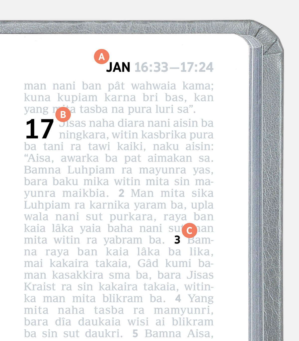 Letra A, B, bara C marikisa Baibil kum ra dîa bâra sa.