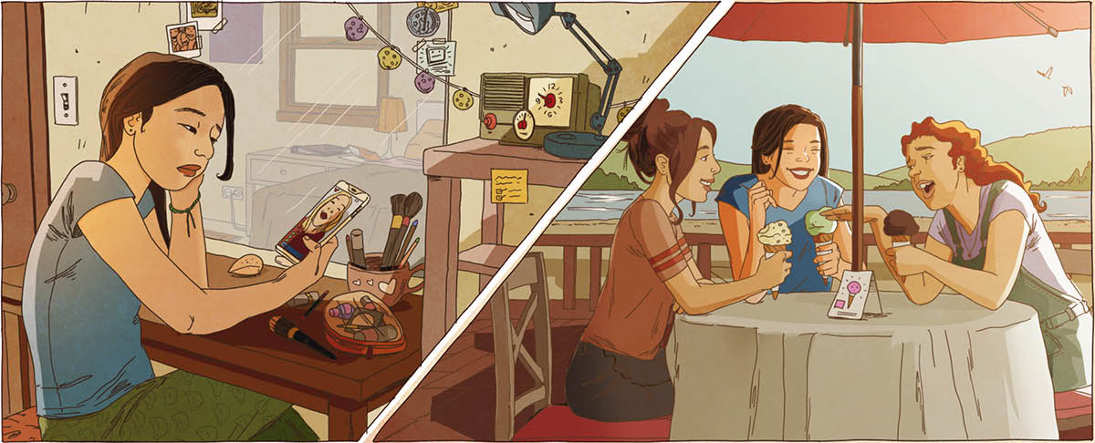 Слика на која една тинејџерка истовремено е прикажана во две различни ситуации. 1. Таа е тажна додека гледа слики од другите на својот телефон. 2. Таа ужива во разговорот со нејзините пријателки додека јадат сладолед надвор.