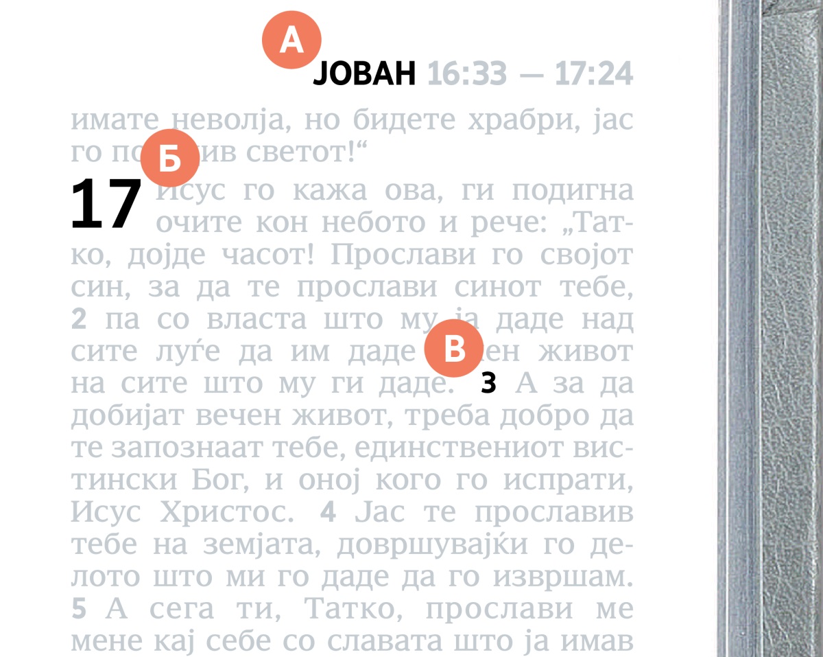 Ознаките А, Б и В укажуваат на посебните обележја на една страница во Библијата.