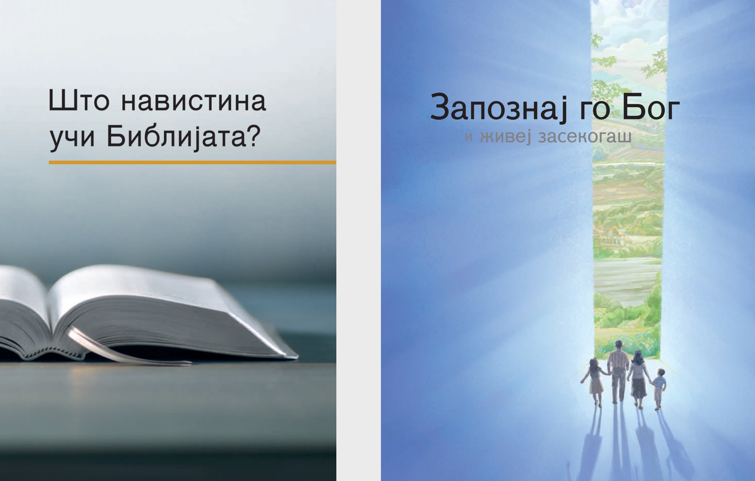 Книгата „Што навистина учи Библијата?“ и брошурата „Запознај го Бог и живеј засекогаш“