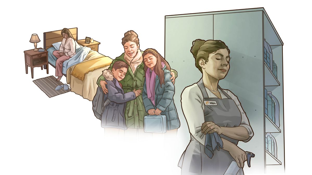 Слики: Една сестра се моли во текот на денот. 1. Наутро кога станува. 2. Со децата пред да одат на училиште. 3. На работа.