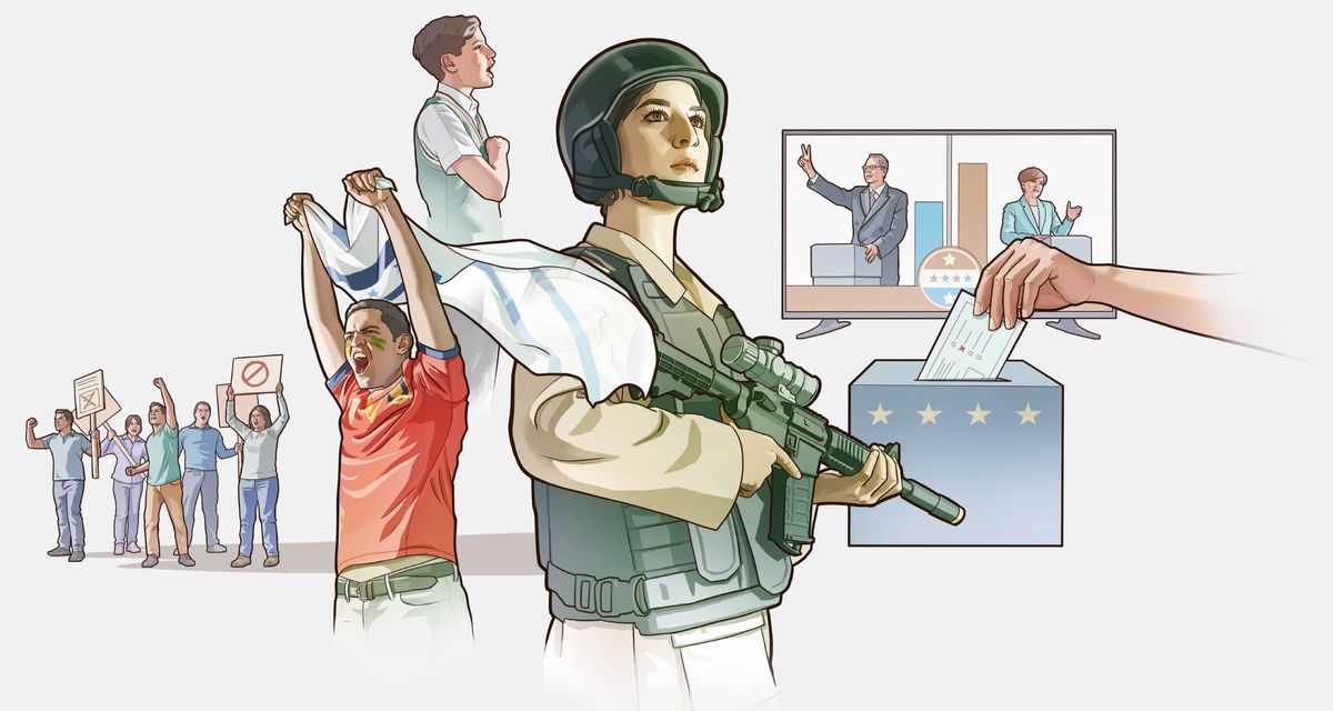 Слики: 1. Група гневни луѓе држат транспаренти и протестираат. 2. Еден човек држи знаме и навива на спортски натпревар. 3. Еден ученик повторува заклетва за верност. 4. Еден војник држи автоматска пушка. 5. Политичка дебата на двајца кандидати. 6. Една жена става гласачко ливче во кутија.