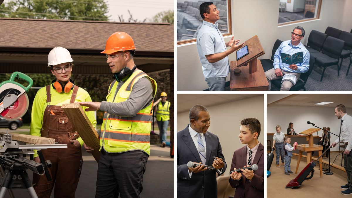 Слики: Браќа обучуваат соверници во различни ситуации. 1. Еден брат обучува една сестра како да користи електрична пила на еден теократски градежен проект. 2. Еден постар брат набљудува додека еден помлад брат го вежба својот говор во салата за состаноци кога во неа нема никој. Постариот брат ја држи брошурата „Посвети се на читањето и поучувањето“. 3. Еден брат му покажува на друг брат кој е на тинејџерска возраст како да ги замени батериите на микрофонот. 4. Еден татко заедно со своите двајца синови учествува во чистењето на салата за состаноци. Таткото и постариот син ја чистат бината со правосмукалки, а помалиот син го чисти пултот со крпа.