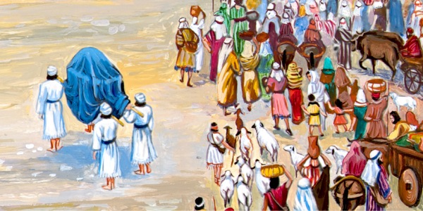 Свештениците стојат на суво тло носејќи го ковчегот на сојузот на раменици, а народот ја преминува реката