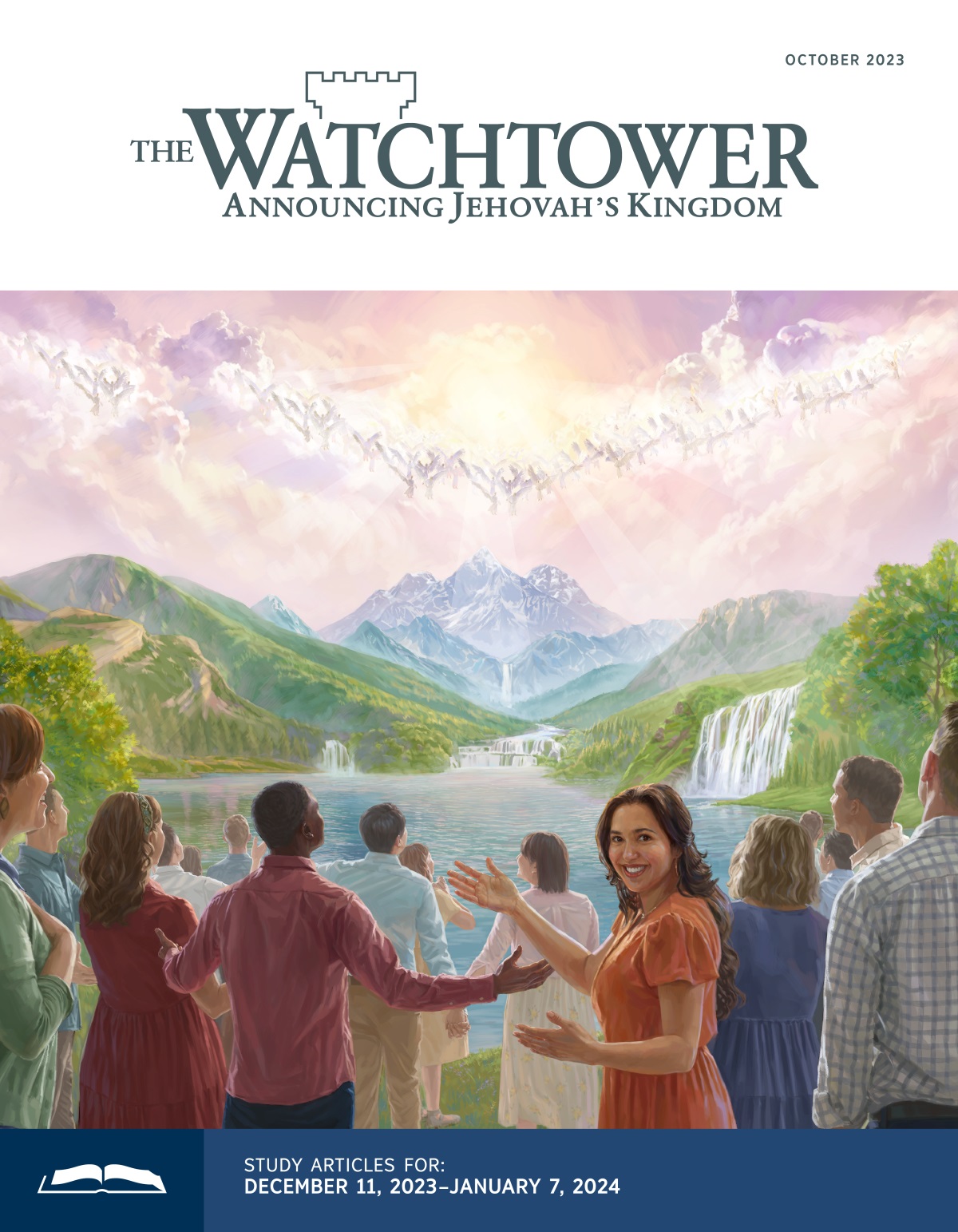 Angels in heaven and humans on a paradise earth joyfully praising Jehovah.