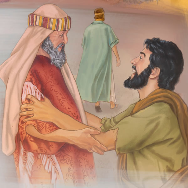A debtor gratefully thanks a lender, as another debtor walks away