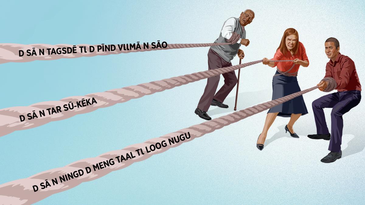 Saam-biig yʋʋm sẽn vẽsge, saam-bi-poaka, n paas saam-biig sẽn yaa bi-bɩɩga. B ned kam fãa gãda wĩir n takdẽ. B gʋlsa wĩyã zug tɩ ‘d sã n tagsdẽ tɩ d pĩnd vɩɩmã n são,’ ‘d sã n tar sũ-kẽka,’ la ‘d sã n ningd d meng taal tɩ loog nugu’.
