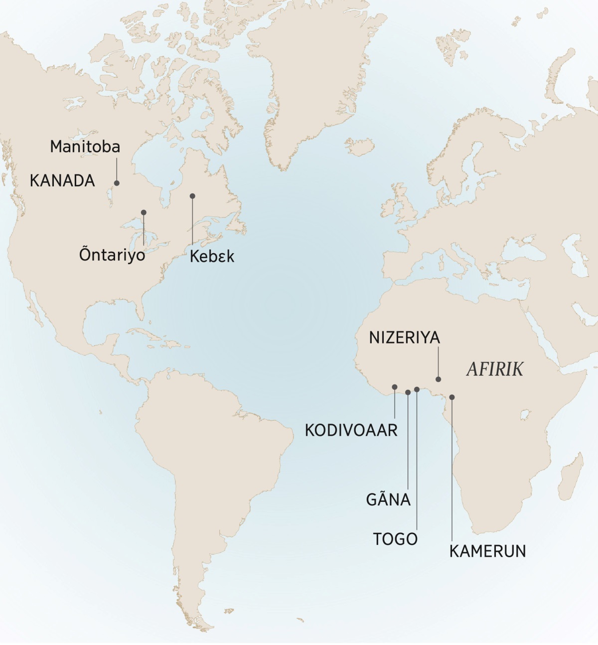 Kart sẽn wilgd tẽns kẽer pʋsẽ a André sẽn zĩndi, la a sẽn moon koɛɛgã: Manitoba, Õntariyo, Kebɛk, Kanada, Kamerun, Kodivoaar, Gãna, Nizeriya, Togo la Afirik.