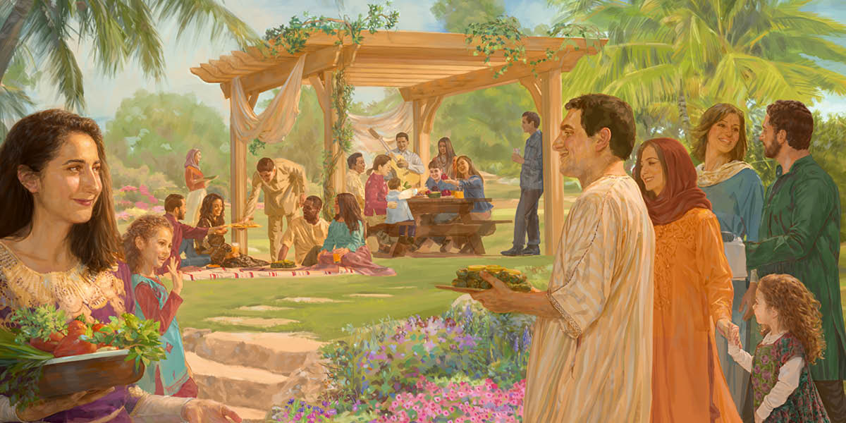 People of different backgrounds enjoying one another’s company in an earthly paradise.