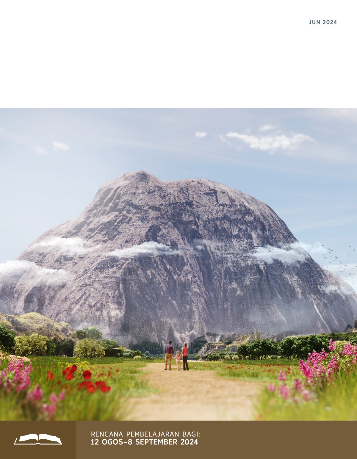 Ibu bapa dan anak perempuan mereka memandang gunung batu di hadapan mereka.