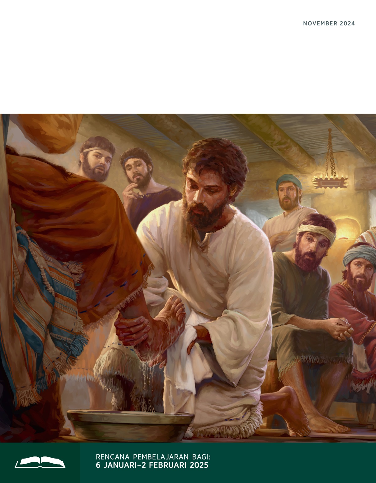Yesus mencuci kaki salah seorang rasulnya sementara rasul yang lain melihat dengan terkejut.