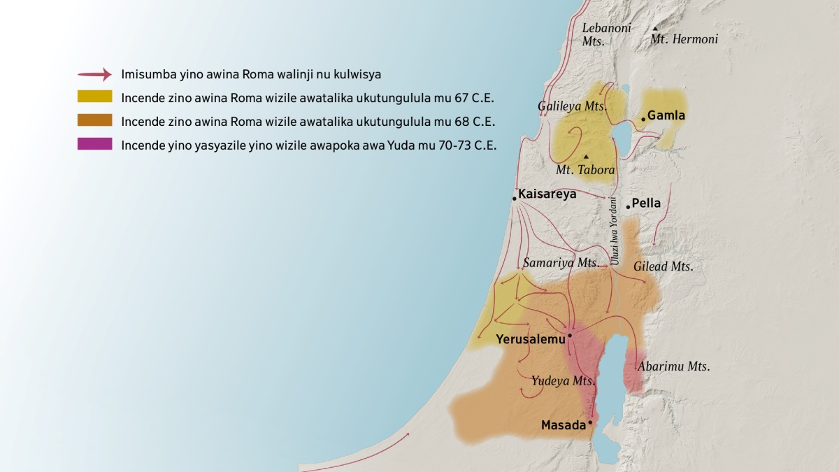 E map yikulanjizya imyamba ni misumba ya mu Israel mu mpindi ya watumwa. Ku kambazwa ke kamani ake Yerusalemu akuno kwawezile imyamba ya Lebanoni, Galileya, Samariya ne Gilead nu mwamba wa Hermoni nu wa Tabora. Ne imisumba yino yalinjiko we Gamla, Kaisareya ne Pella. Ku kambazwa ke ndilo ake Yerusalemu kwalinji imyamba ya Yudeya ni ya Abarimu apano nu musumba wa Masada. E map yikulanjizya ni nzila muno awina Roma wapitanga pano wayanga mukupoka imisumba ya wa Yuda apano ni ncende zino awina Roma wizile awatalika ukutungulula mu 67 C.E. ukufika mu 73 C.E.