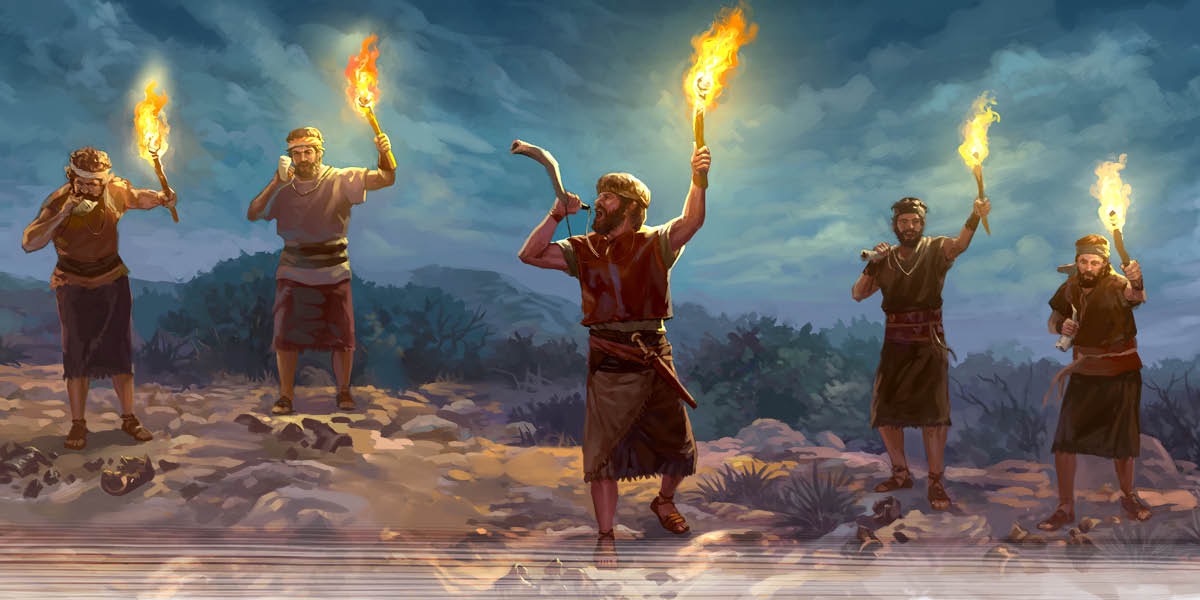 ဂိဒေါင်နဲ့ သူ့လူတွေ တံပိုးမှုတ်၊ မြေအိုးတွေ ရိုက်ခွဲ၊ မီးတုတ်တွေ ကိုင်မြှောက်ပြီး ကြွေးကြော်နေကြ