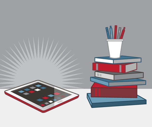 တက်ဘလက်နဲ့ ကျောင်းသုံးစာအုပ်အထပ်လိုက်ပုံ