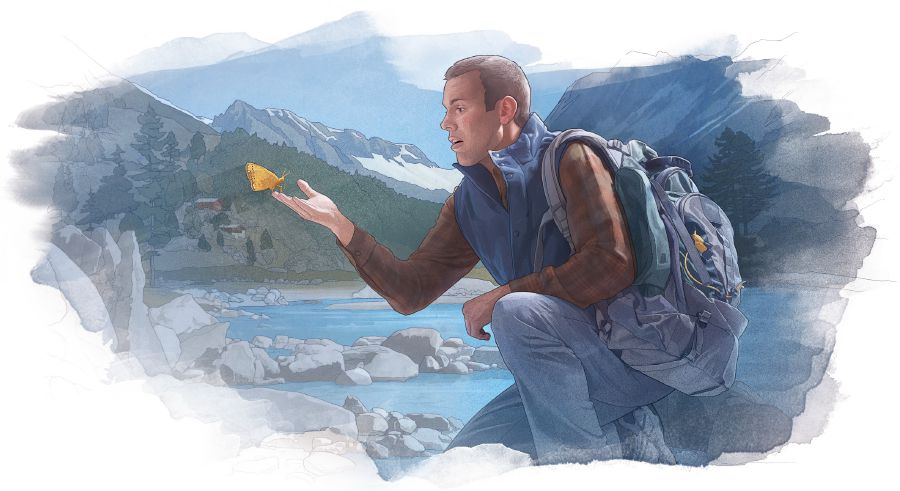 အမျိုးသားတစ်ယောက် လိပ်ပြာတစ်ကောင်ကို အသေအချာ ကည့်နေ