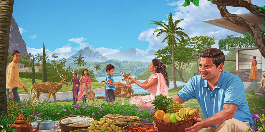 သာယာလှပတဲ့ ပရဒိသုမှာ အစားအစာအလျှံပယ် ရှိပြီး လူတွေ တိရစ္ဆာန်တွေနဲ့ ငြိမ်သက်အေးချမ်းစွာ နေထိုင်နေကြစဉ်။