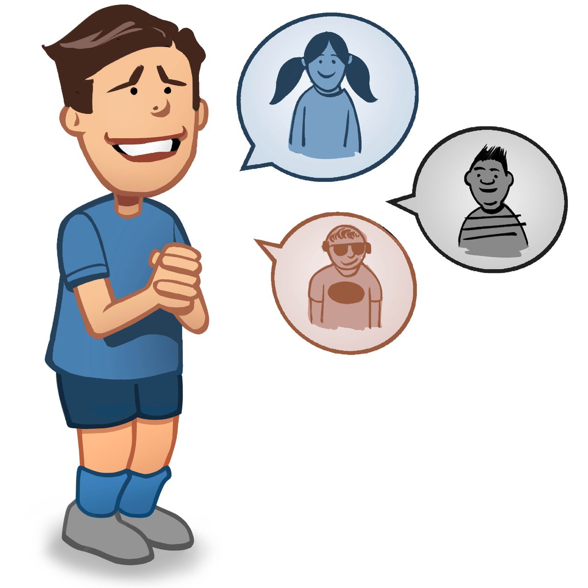 ဆယ်ကျော်သက် ကောင်လေးတစ်ယောက် အသနားခံနေ။ စကားပြောအကွက်ထဲမှာ တခြားဆယ်ကျော်သက် သုံးယောက်ကို တွေ့ရ။