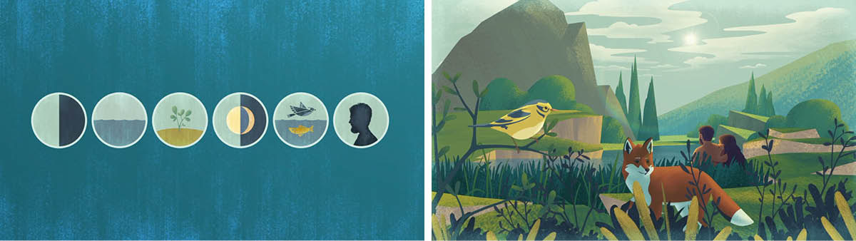 ပုံများ- ‘စကြဝဠာ ဘယ်လိုဖြစ်လာသလဲ​​—ကောက်နုတ်ချက်’ ဗီဒီယိုထဲက ပြကွက်များ။ ၁။ ဖန်ဆင်းရာနေ့ခြောက်ရက်ကို ကမ္ဘာကနေ မြင်တွေ့ရပုံ။ ၂။ ဖန်ဆင်းရာနေ့ ခြောက်ရက်ပြီးနောက် ကမ္ဘာပေါ်က နေ၊ ကုန်းမြေ၊ ရေ၊ အပင်၊ ငှက်၊ ကုန်းသတ္တဝါ၊ လူတွေ။